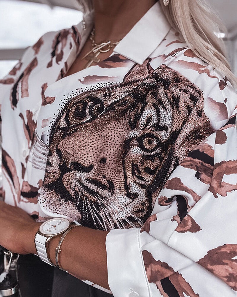 Tiger Print Colorblock Studded Shirt