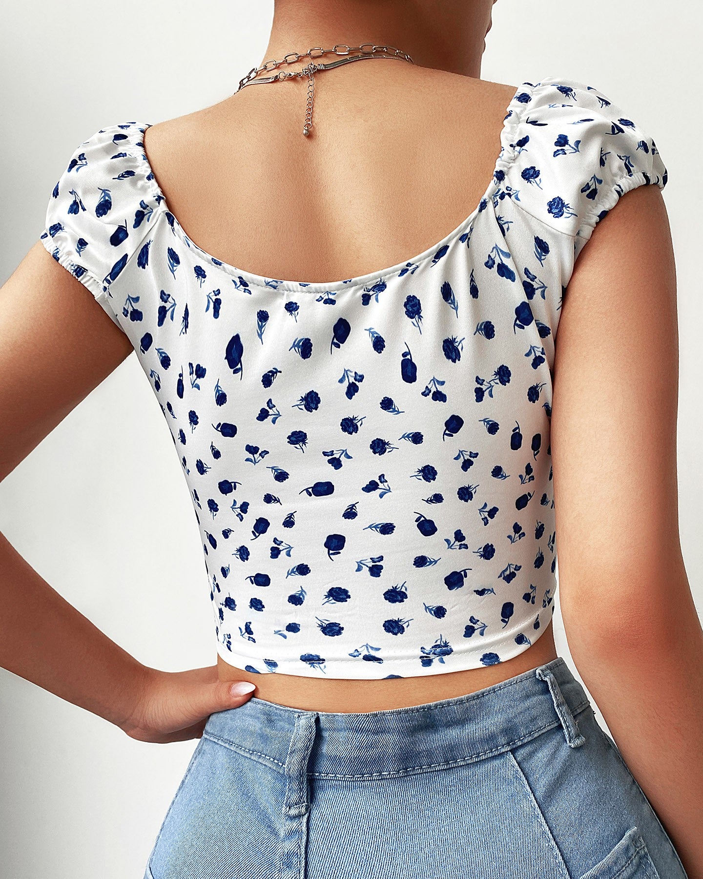 Ditsy Floral Print Lace Up Ruched Square Neck Top