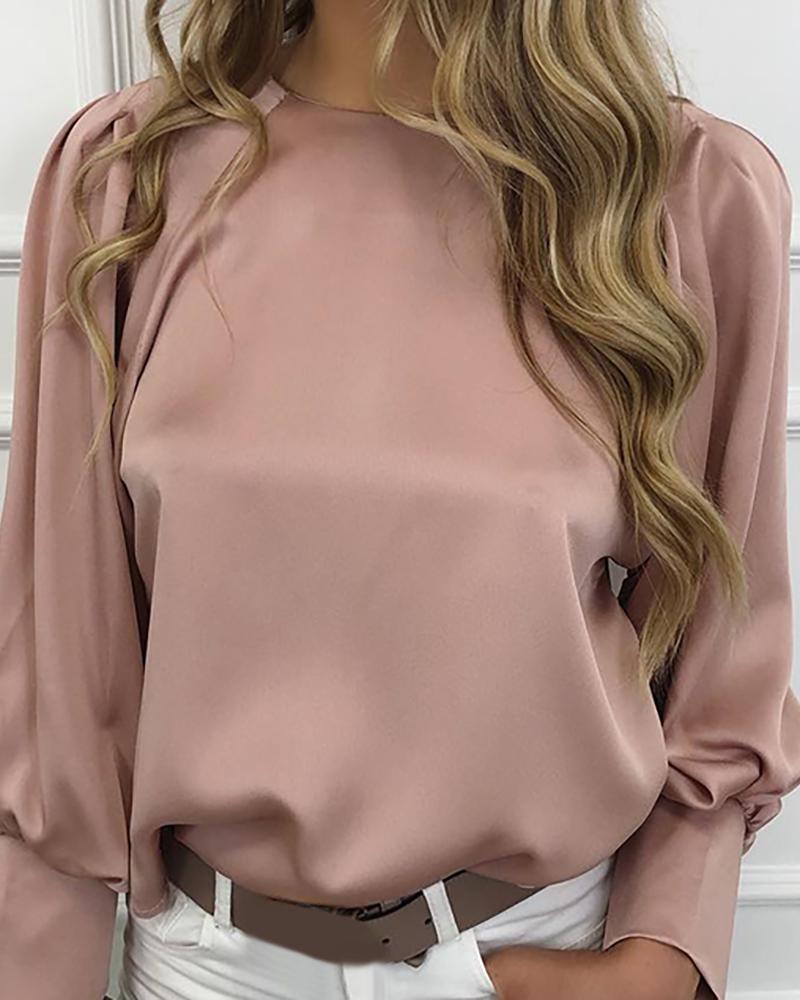 Solid Lantern Sleeve Casual Blouse