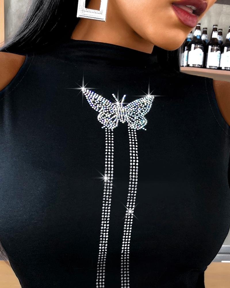 Cold Shoulder Butterfly Pattern Studded Top