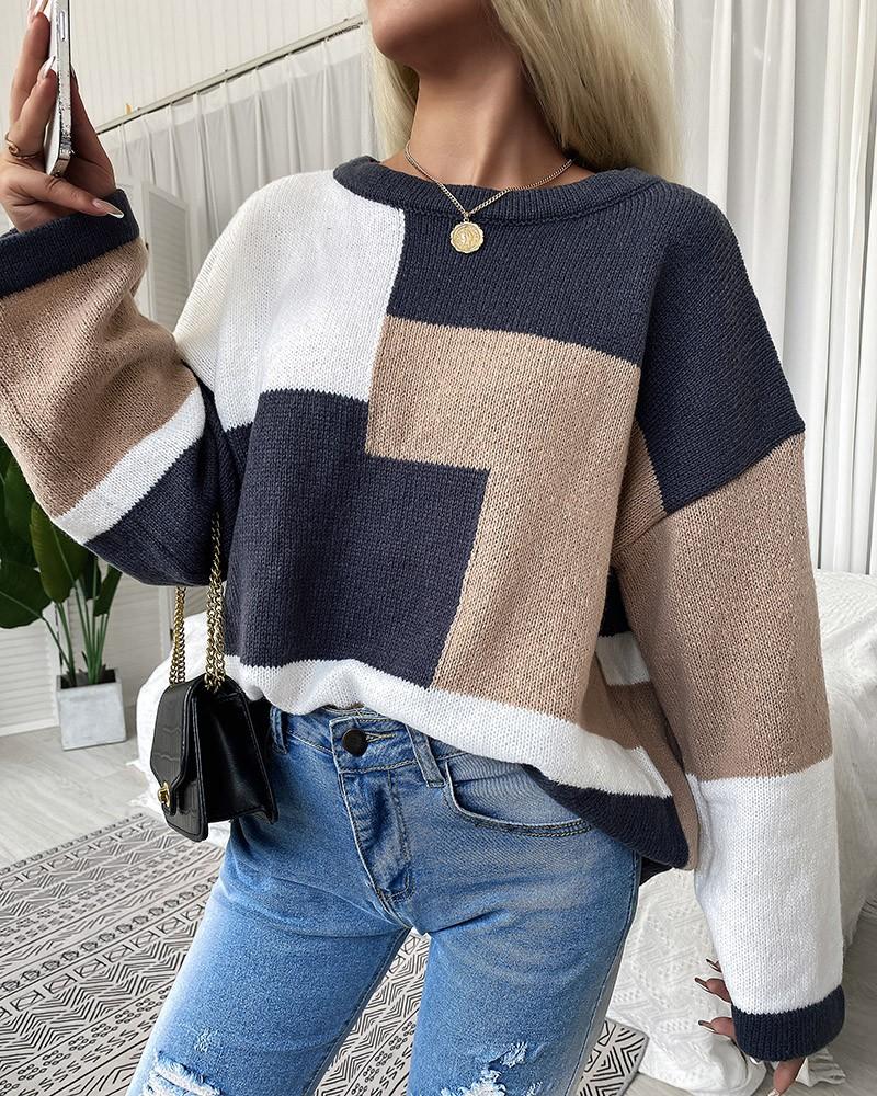 Colorblock Bell Sleeve Drop Shoulder Sweater