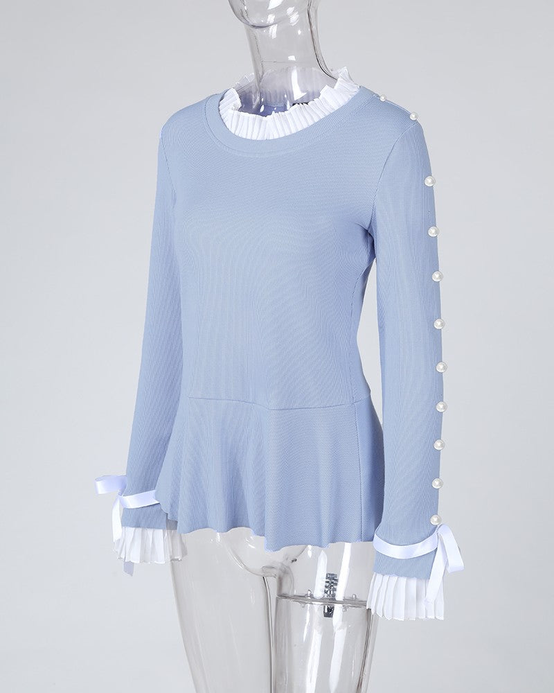Bowknot Beaded Buttoned Bell Cuff Sweater