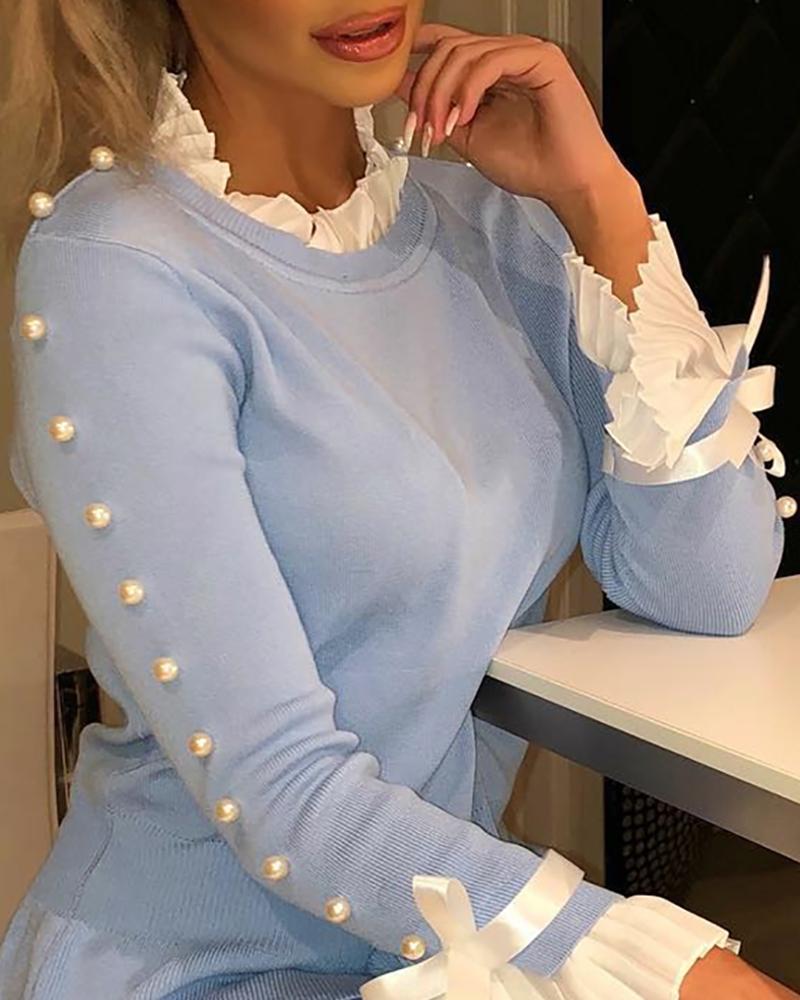 Bowknot Beaded Buttoned Bell Cuff Sweater