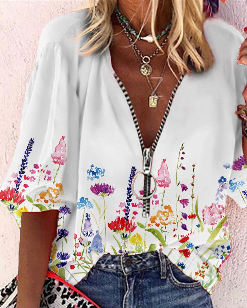 Printed Floral Lantern Sleeve Zipper Design Casual Top