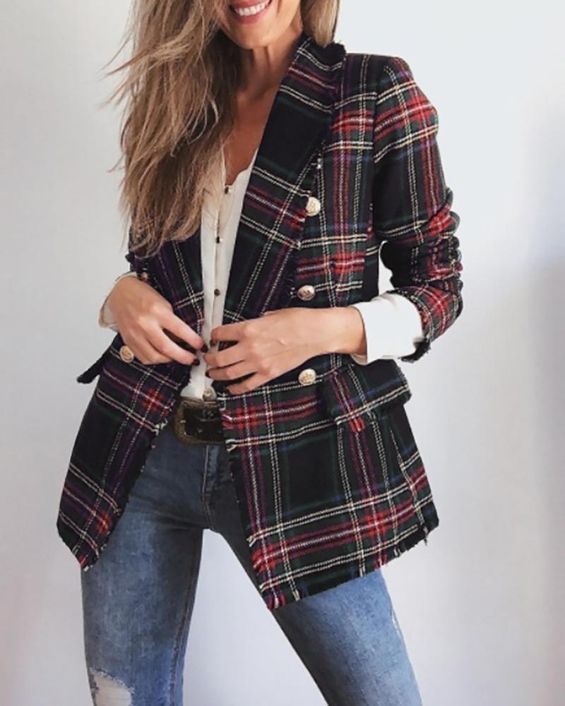 Notched Collar Double-breasted Plaid Blazer