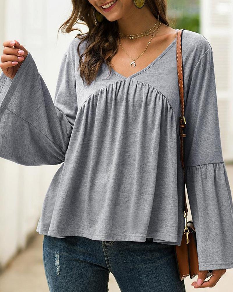 Outlet26 V Neck Ruffle Bell Sleeve Top gray
