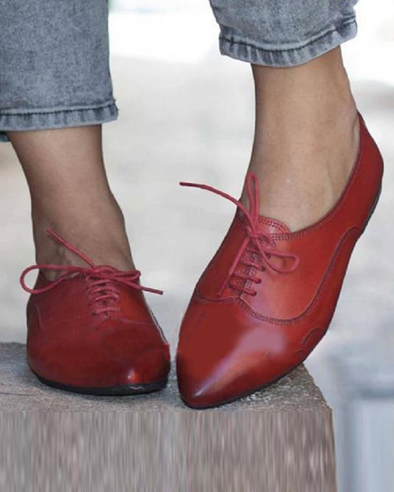 Pointed Solid Lace-Up Flats
