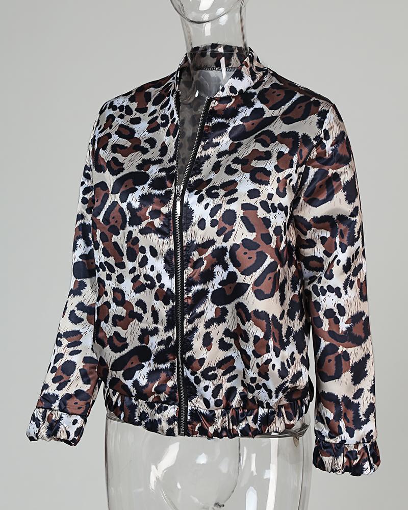 Leopard Zipper Design Casual Jacket