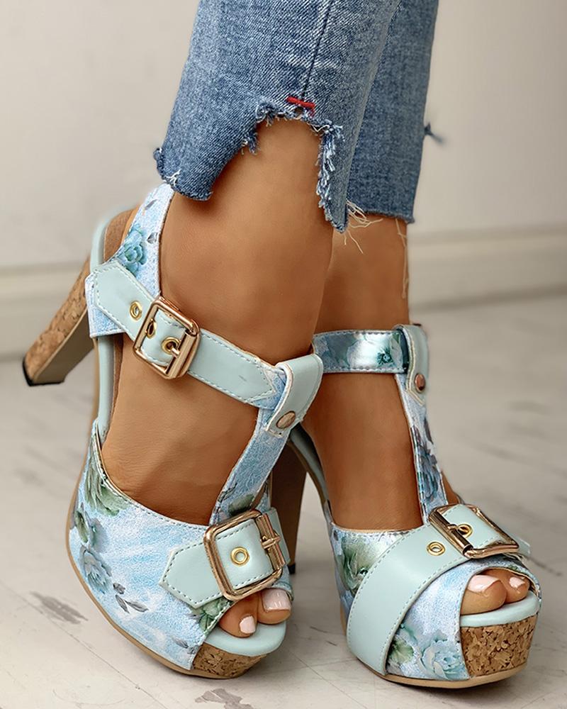Flower Print Peep Toe Platform Chunky Heeled Sandals