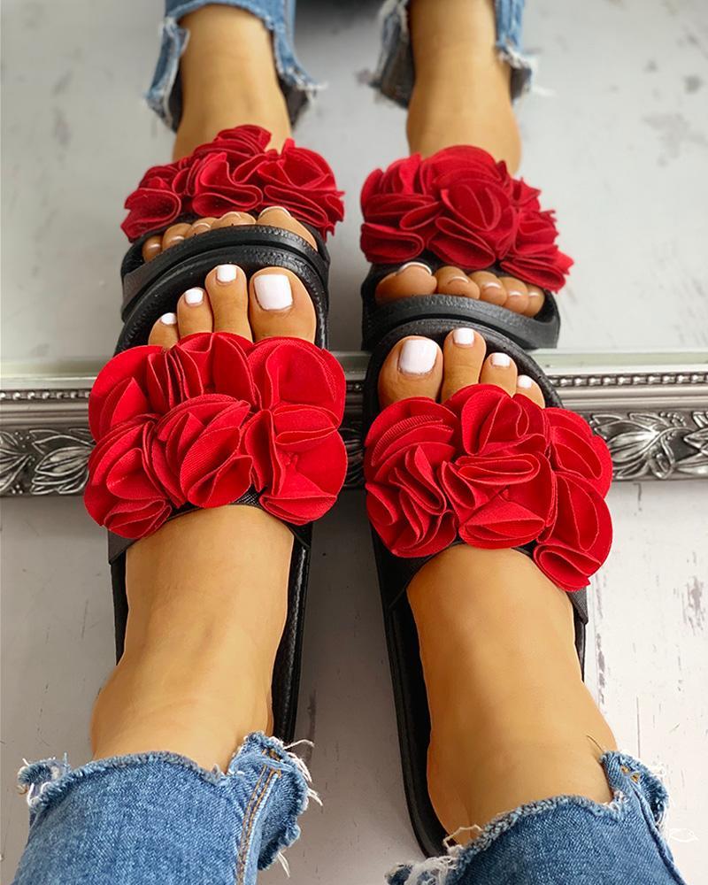 Outlet26 Ruched Flower Embellished Flat Sandals red