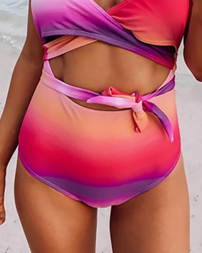 Ombre Colorblock Tie Front High Waist Bikini Set