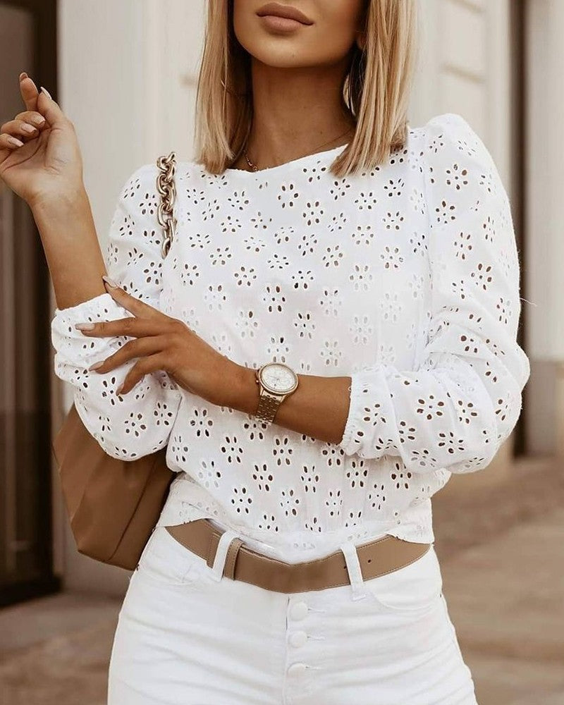 Eyelet Embroidery Knotted Backless Long Sleeve Top