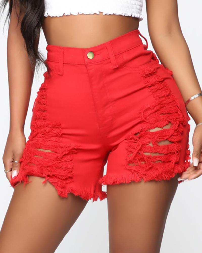 Outlet26 High Waist Ribbed Distress Denim Shorts red