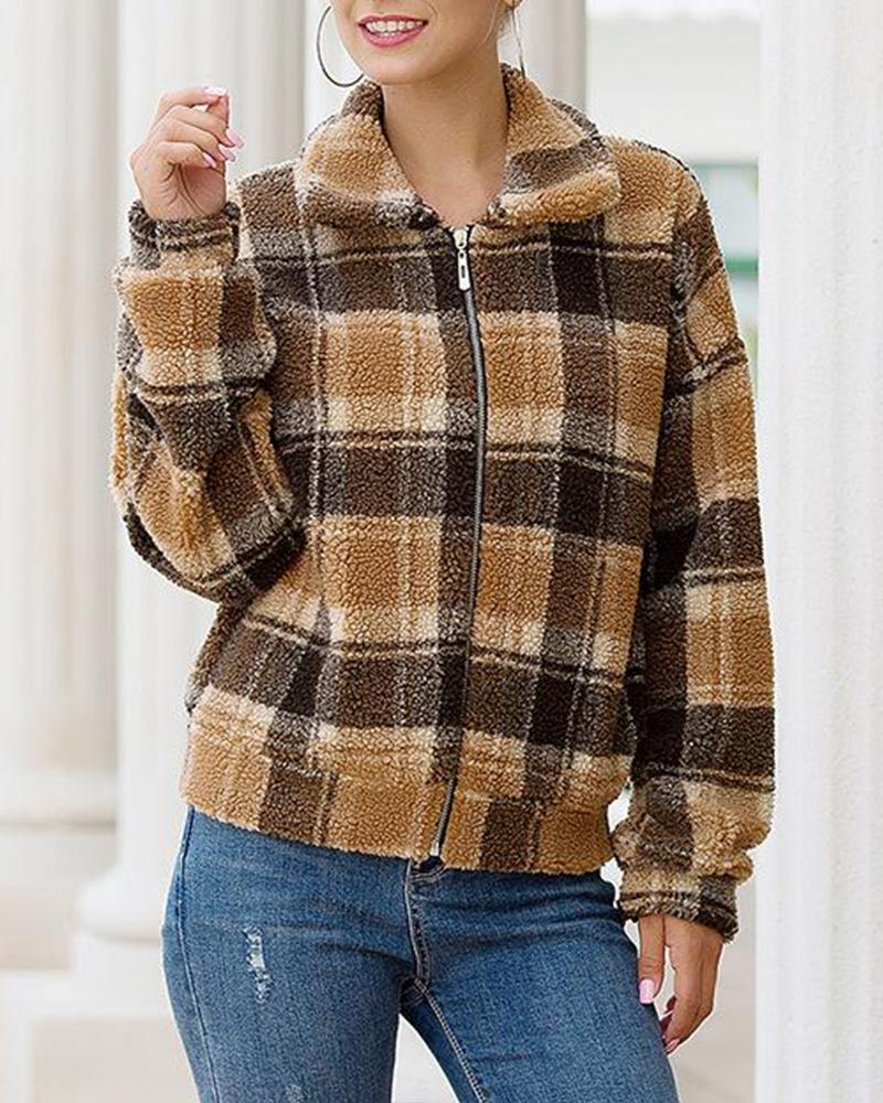 Plaid Zip Front Faux Shearling Jacket