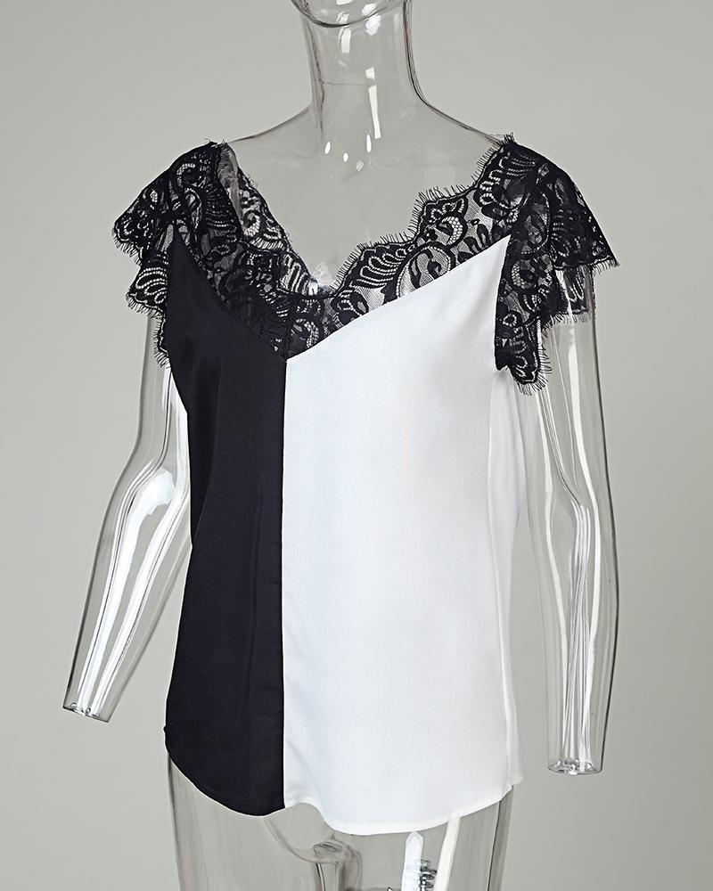 V-neck Stitching Lace Top