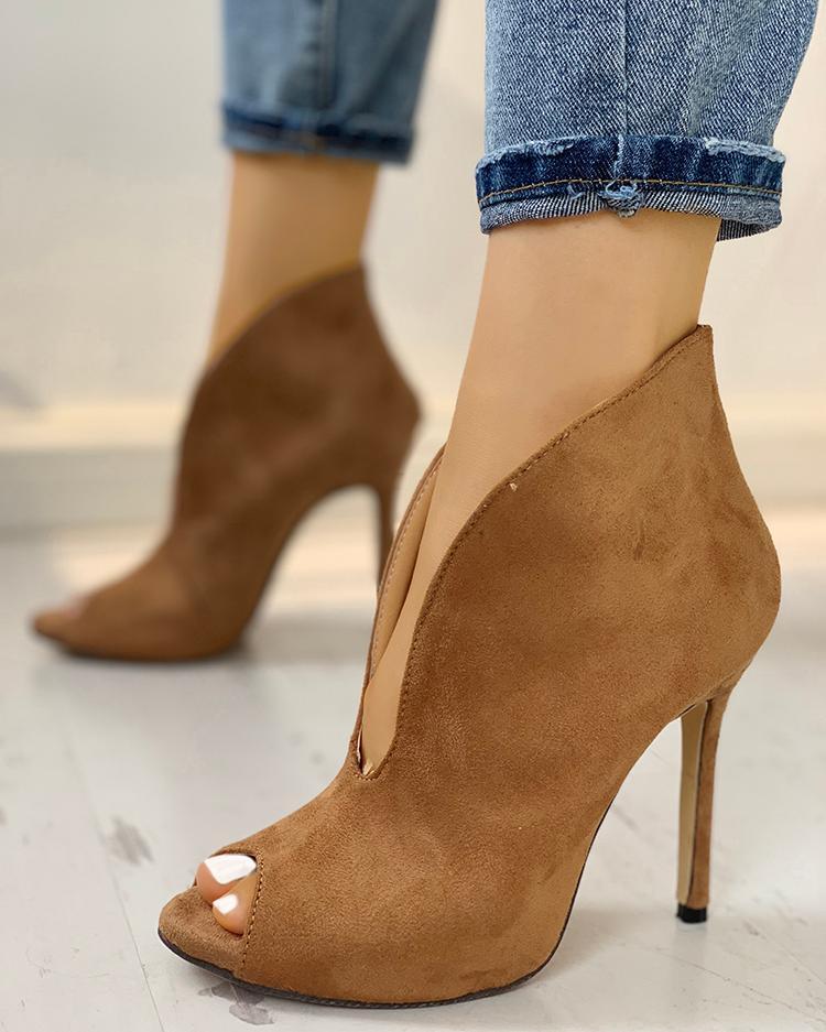 Outlet26 Peep Toe V-Shape Cut Out Ankle Boots Apricot