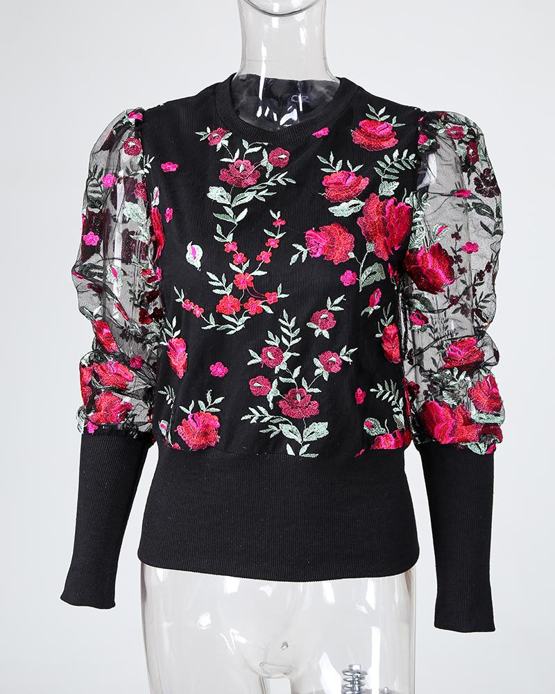 Floral Embroidery Puffed sleeve Mesh Blouse