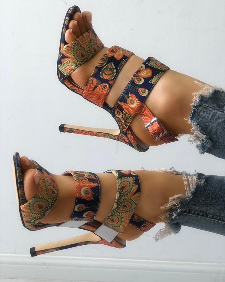 Peacock Feather Print Bandage Thin Heeled Sandals