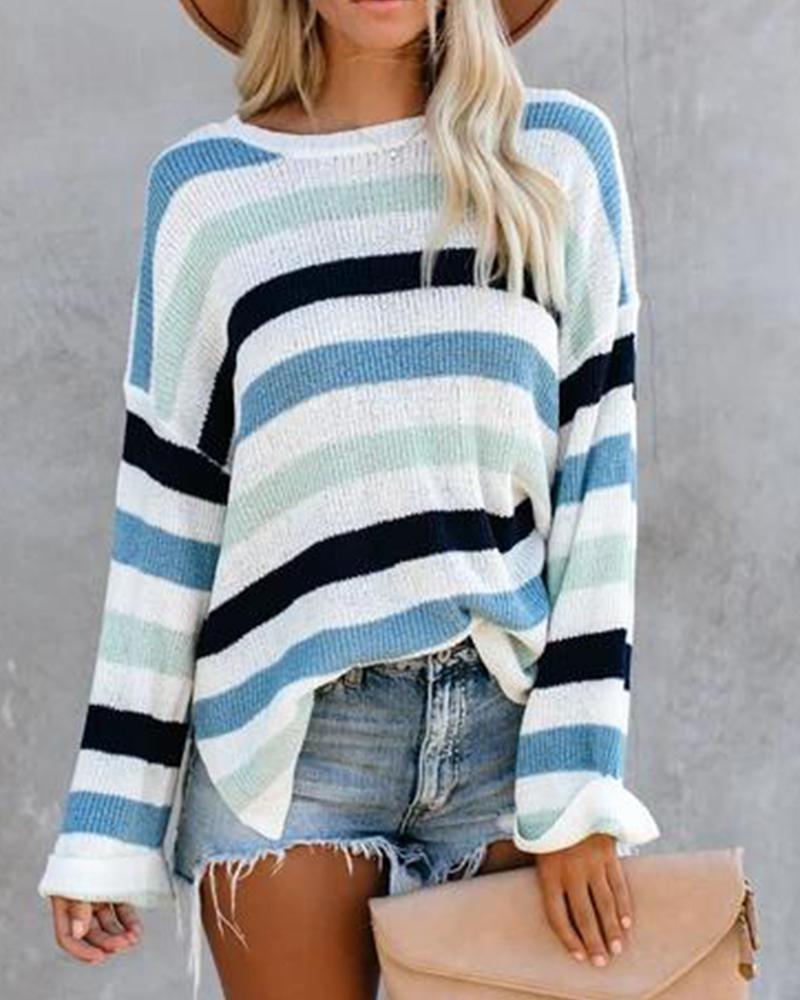 Outlet26 Long Sleeve Draped Striped Ribbed Sweater blue