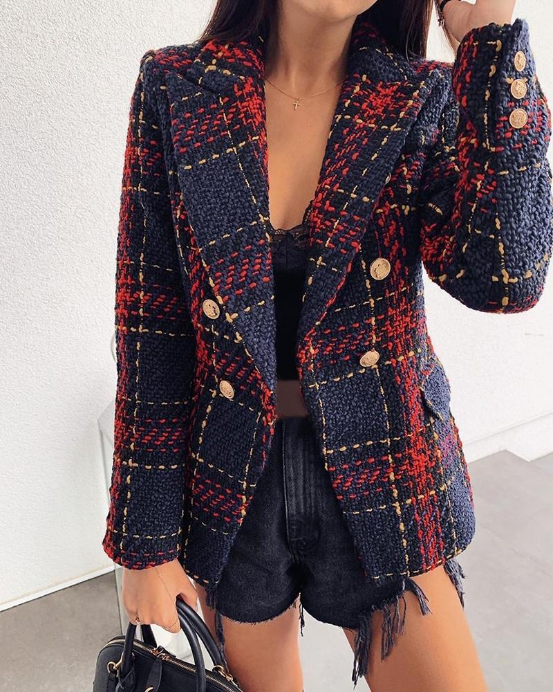 Notched Collar Double-breasted Plaid Blazer