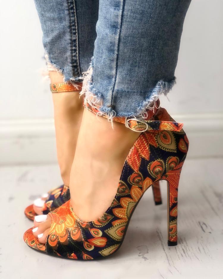 Ethnic Print Peep Toe Ankle Strap Heeled Sandals