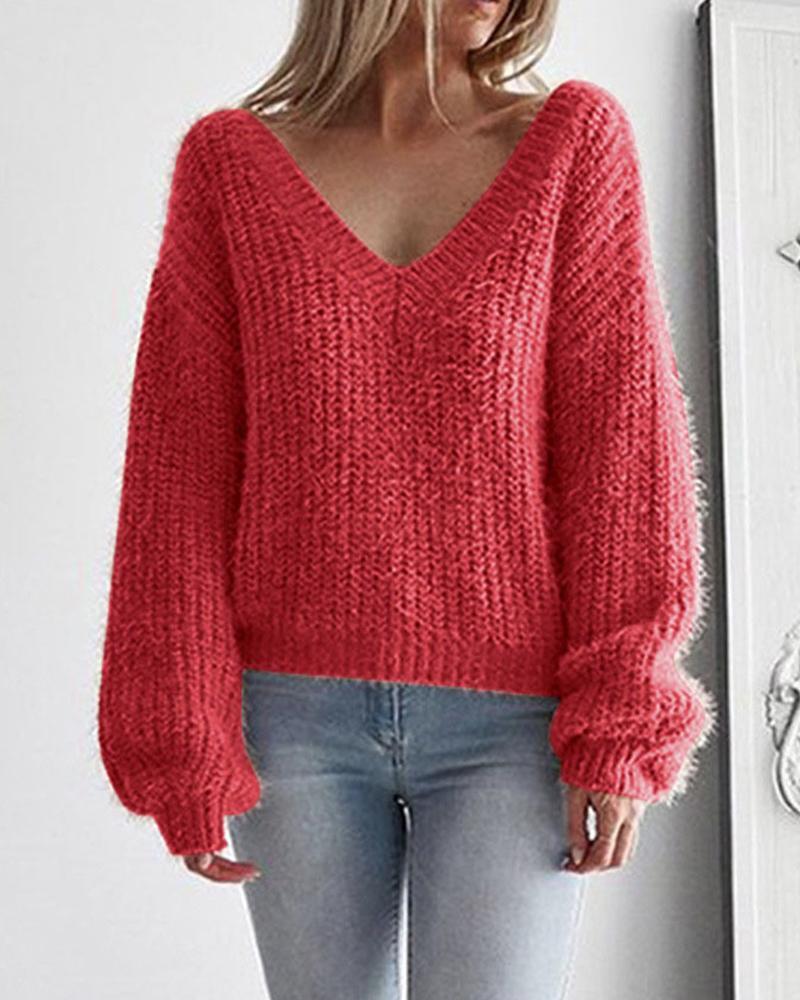 Casual V-Neck Leak Back Loosen Long Sleeve Knitted Sweater Pullover Top Blouse