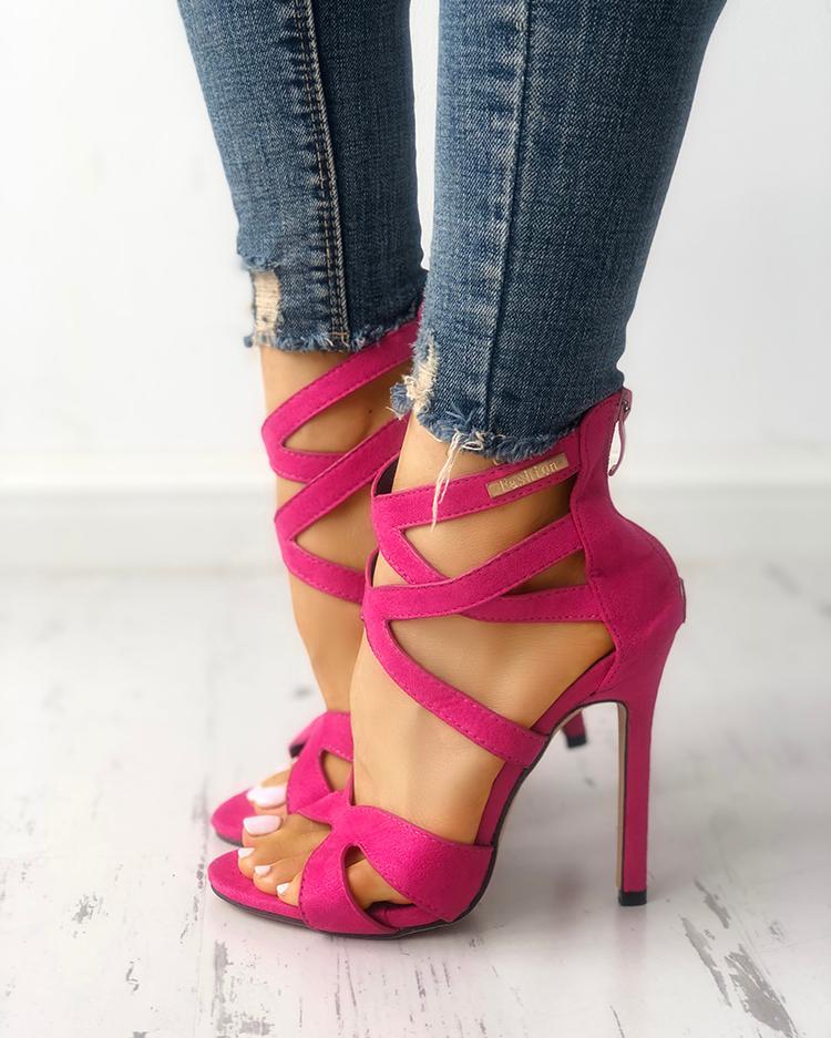 Solid Color Caged Bandage Thin Heeled Sandals
