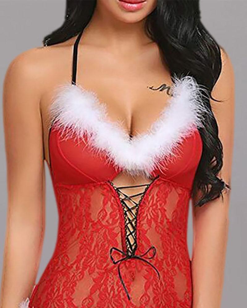 Christmas Lace Fluffy Lace-up Babydoll