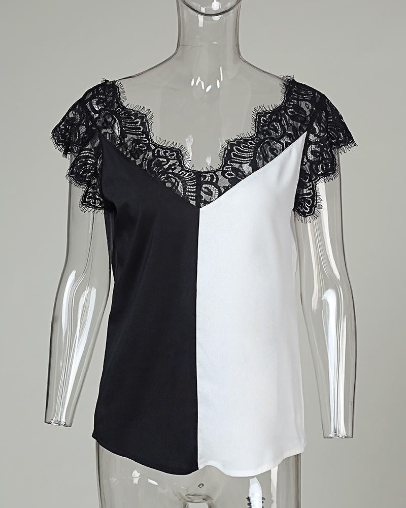 V-neck Stitching Lace Top