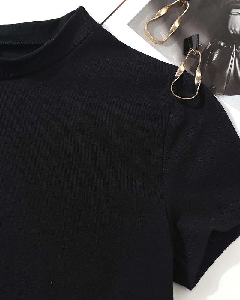 Lace-Up Solid Casual Crop T-Shirt