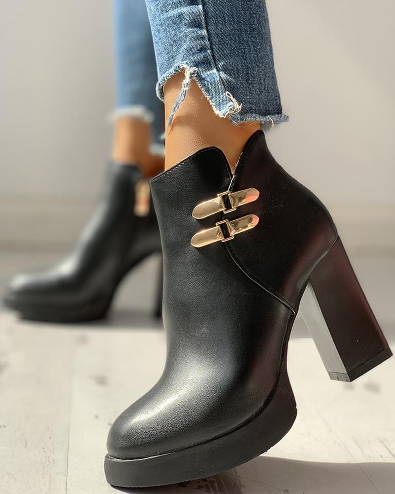 PU Ankle-Buckled Pointed Toe Chunky Heeled Boots