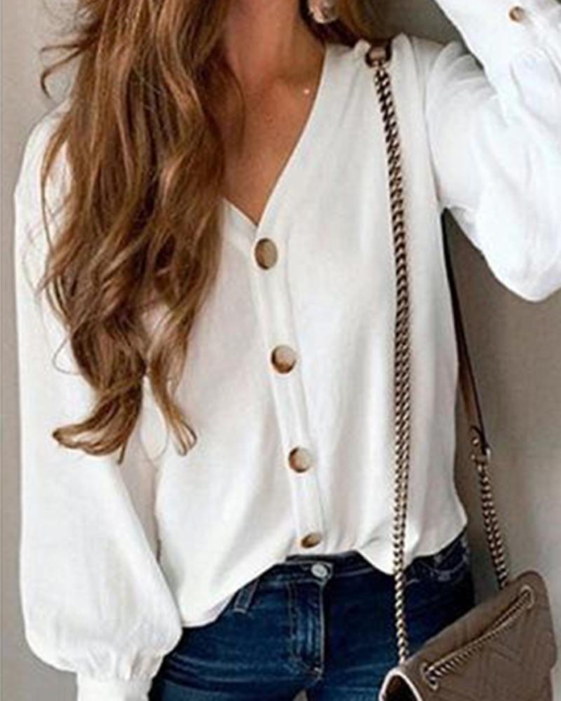Solid V-Neck Button Up Top