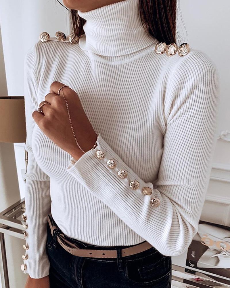 Solid Ribbed Metal Buttoned Casual Sweater