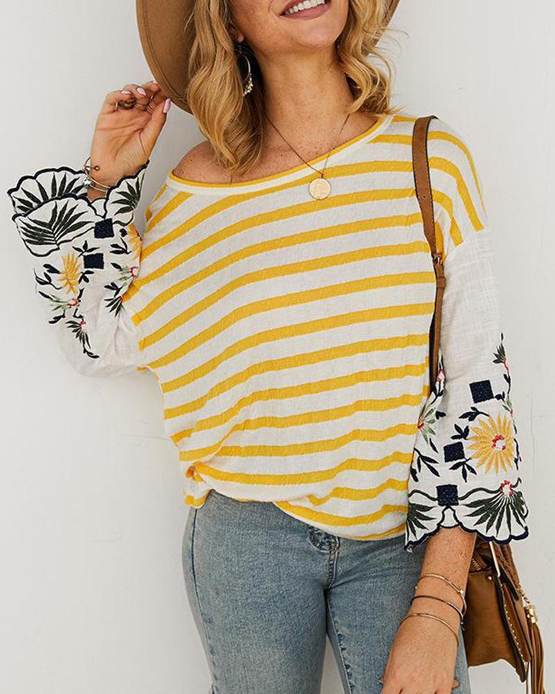 Boat Neck Striped & Embroidery T-Shirt