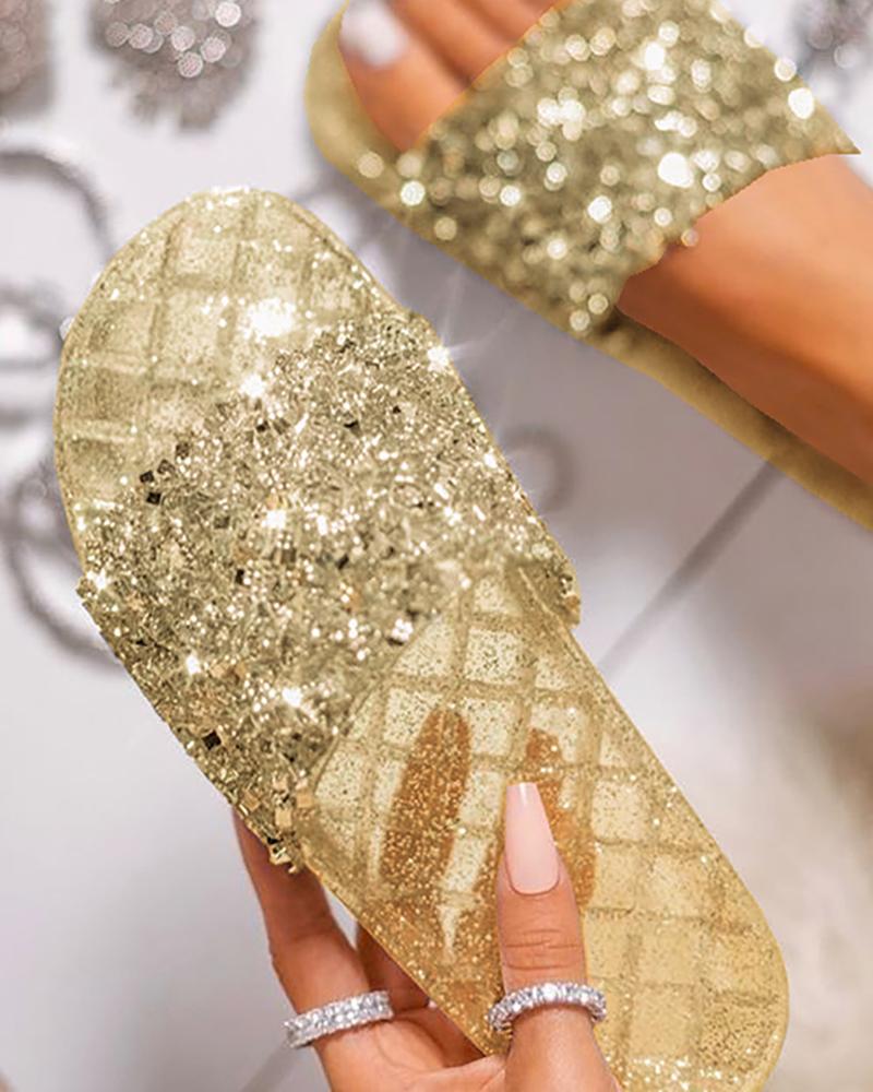 Open Toe Glitter Studded Flat Sandals