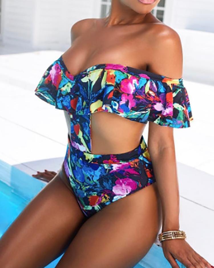 Ruffled Off Shoulder Print Cut Out One-piece Swimsuit
