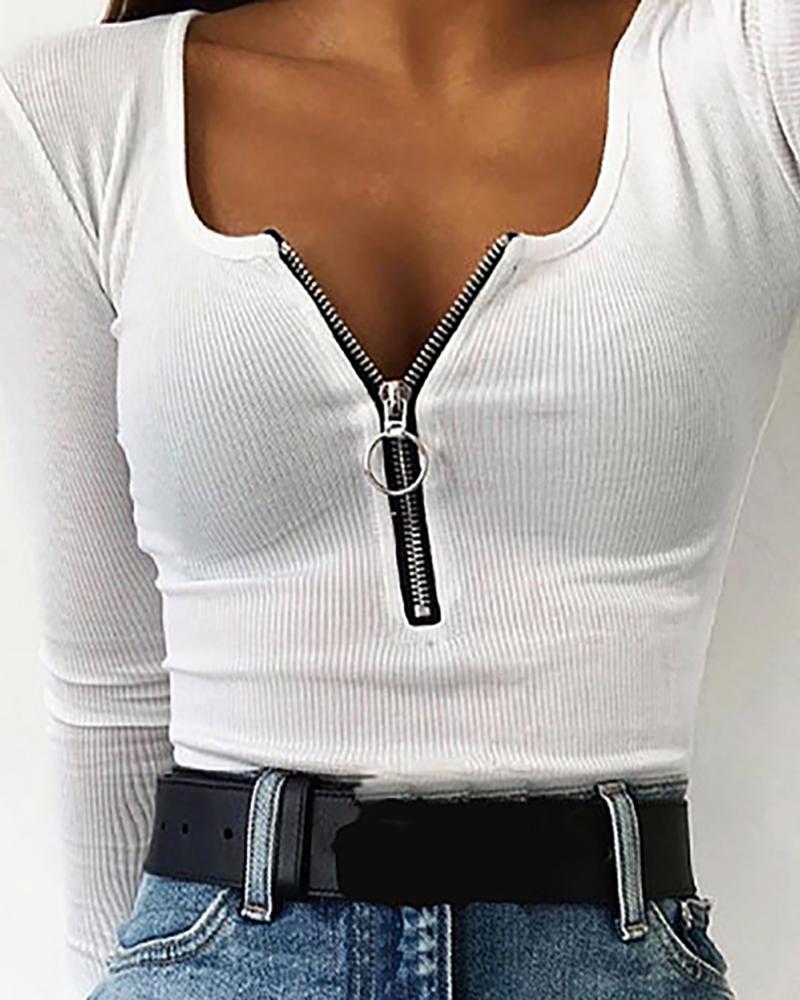 Outlet26 Long Sleeve Zipper Design Blouse white