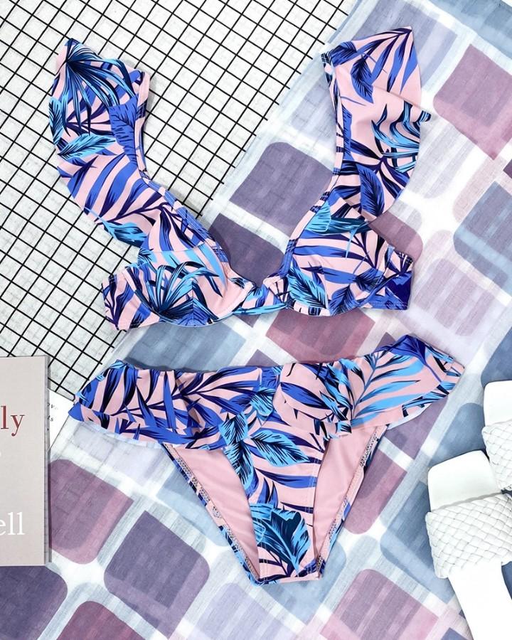 Floral Print Sleeveless Ruffles Contrast Bra With Panties Bikini Sets