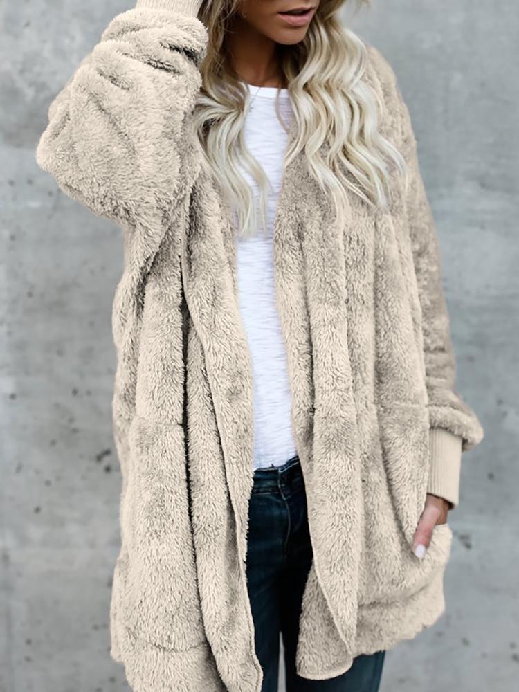 Warm Solid Pocket Design Hoodies Fluffy Coat
