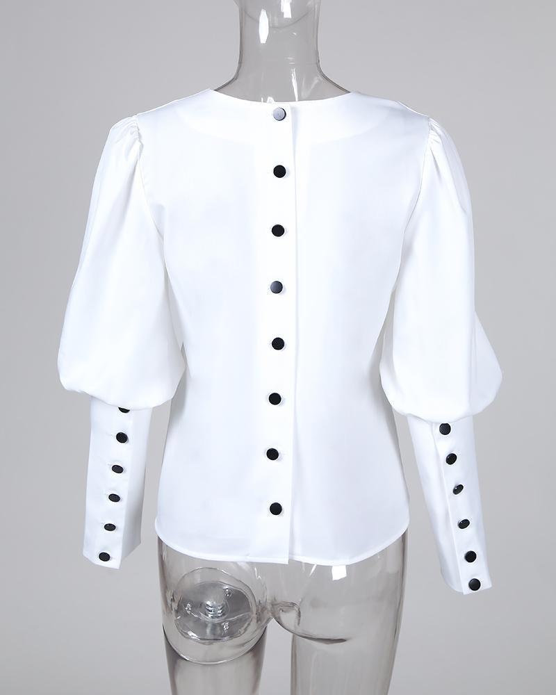 Solid Puff Sleeve Buttoned Design Shirt