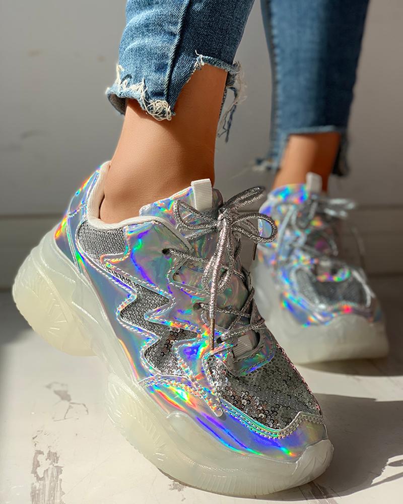 Laser Sequins Lace-Up Platform Casual Sneakers