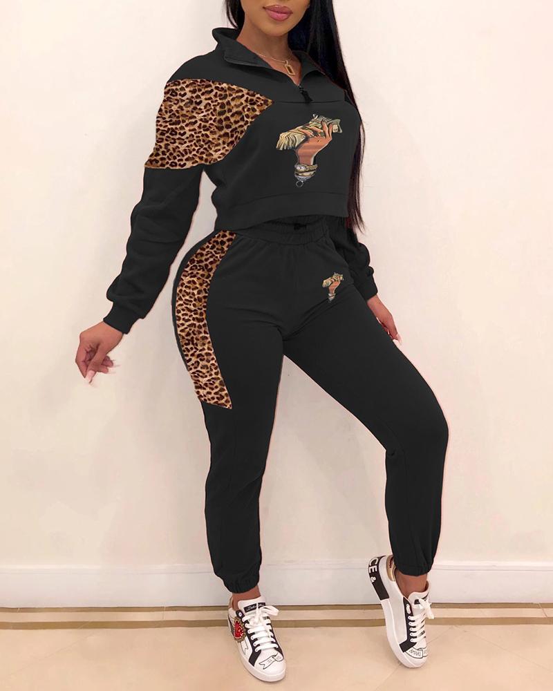 Outlet26 Zipper Design Styleblock Leopard Print Sweatshirt & Pants Sets black