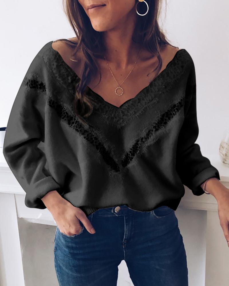 Solid Lace Hollow Out Detail Sweater