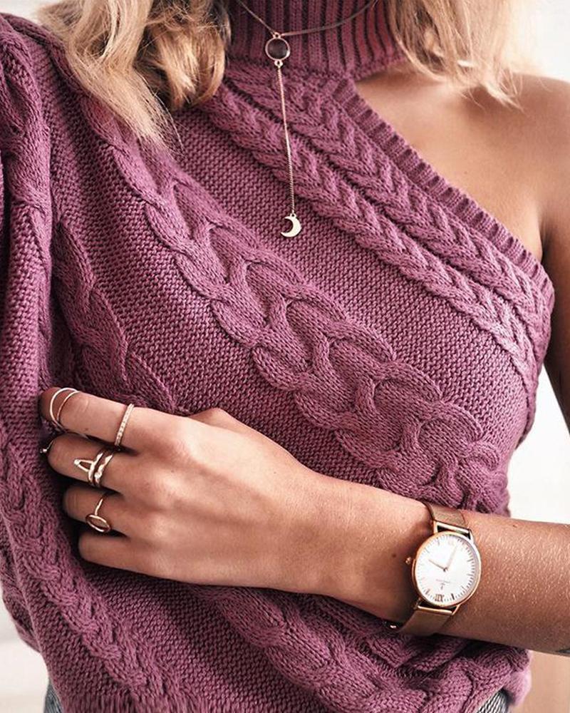 One Shoulder Embroidered Neck Sweater