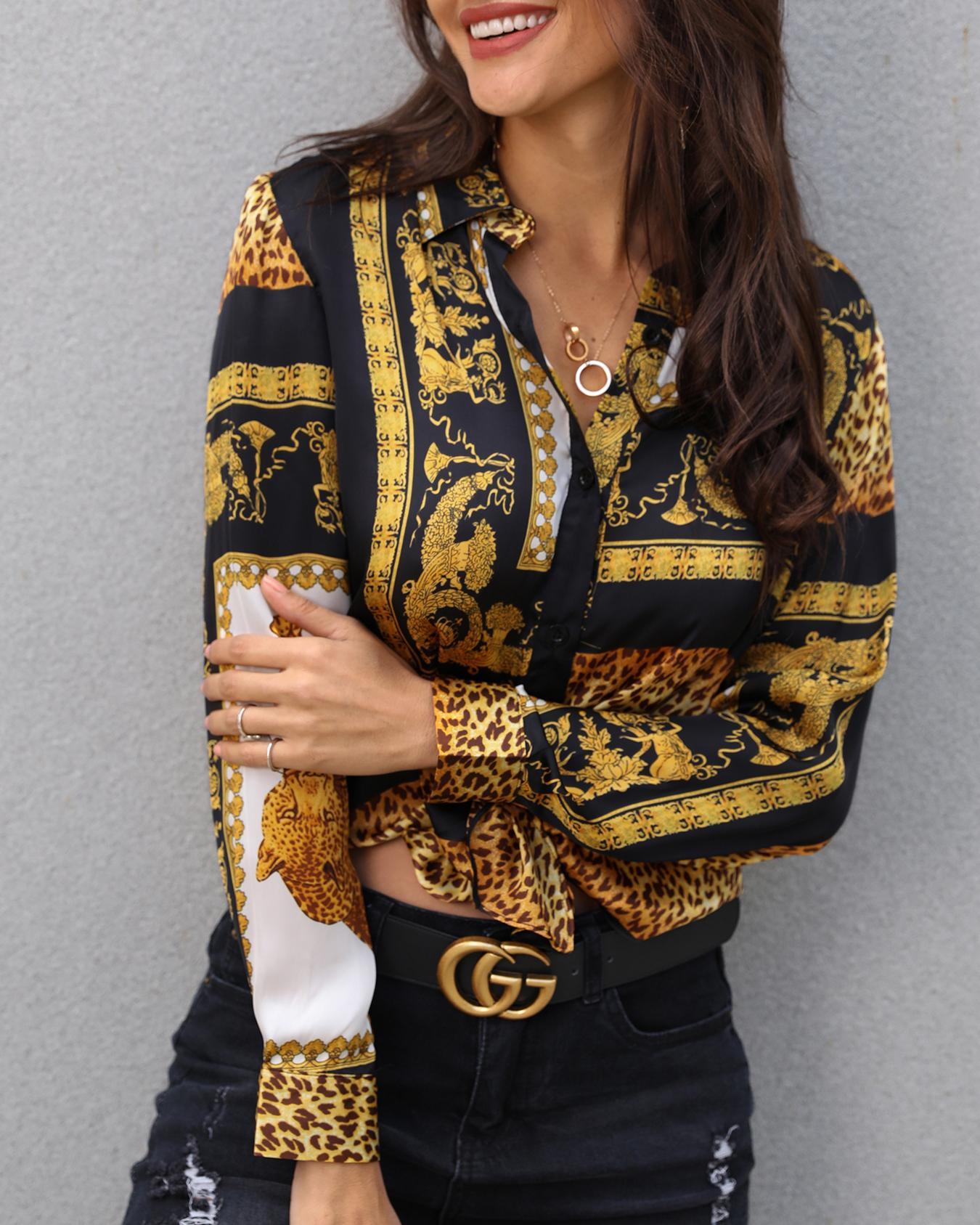 Leopard Print Knot Front Long Sleeve Blouse