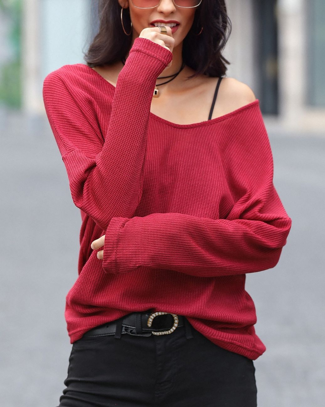 Solid Deep V Long Sleeve Pullover Sweater