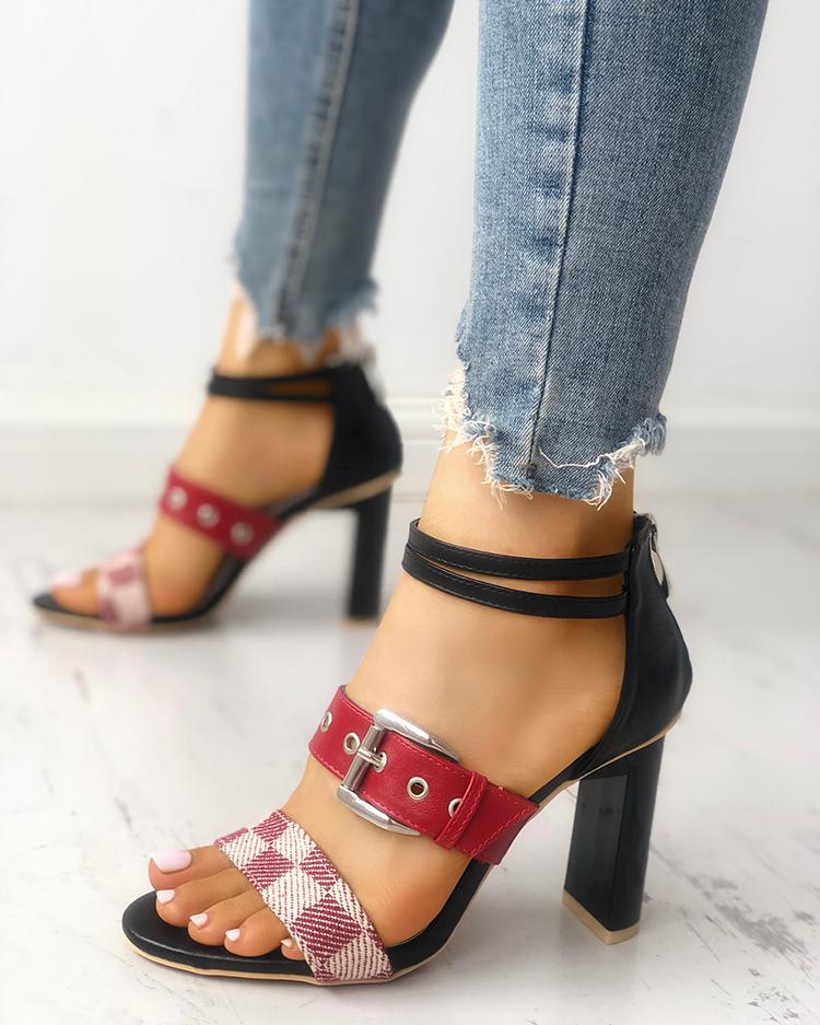 Outlet26 Grid Buckled Zipper Chunky Heeled Sandals black