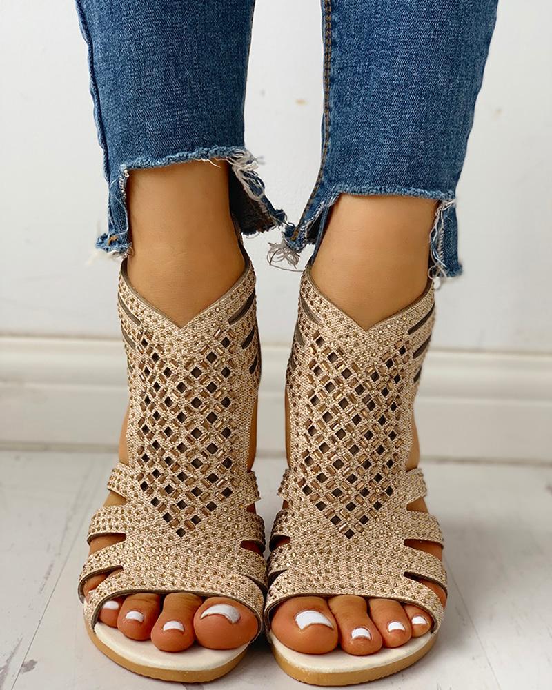 Outlet26 Studded Hollow Out Flat Sandals gold