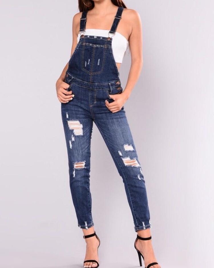 Outlet26 Plus Size Ripped Frayed Suspender Jeans blue