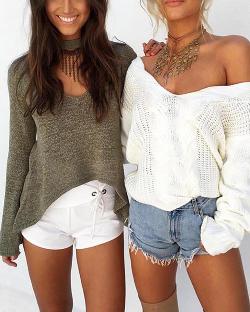 Solid V Neck Pointelle Sweater